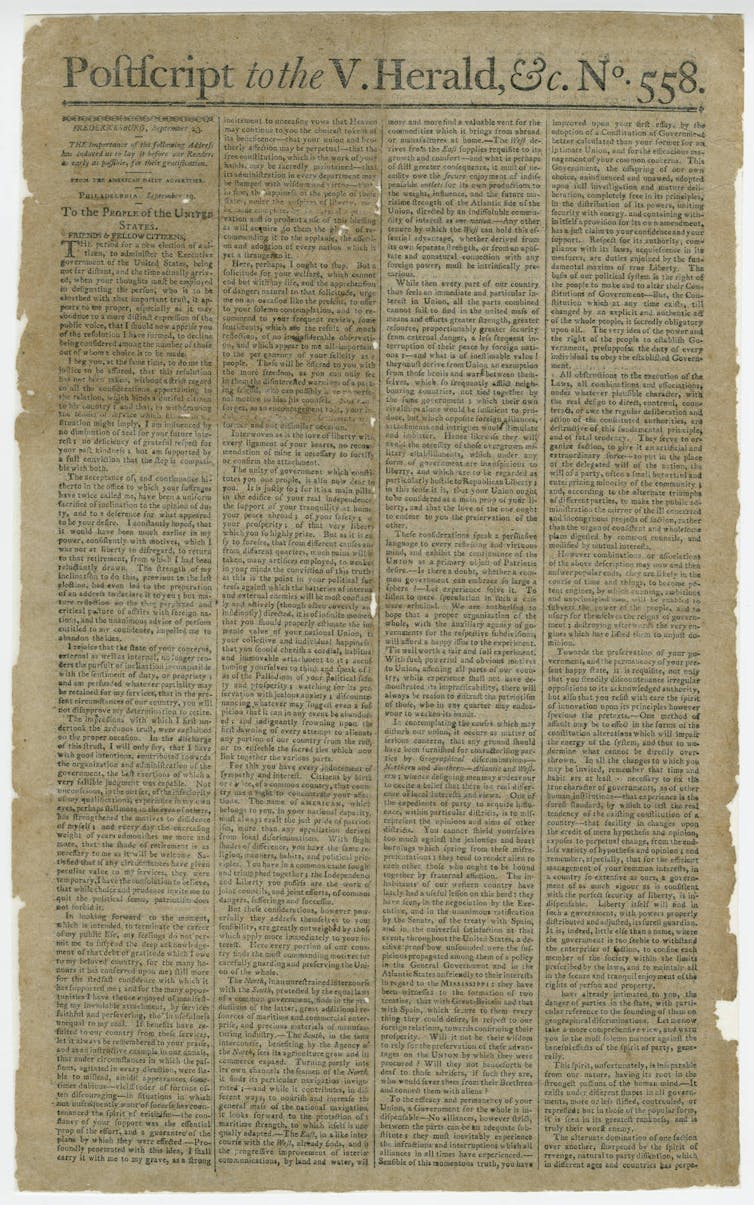 A yellowed newspaper page from 1796 that contains George Washington's Farewell Address.